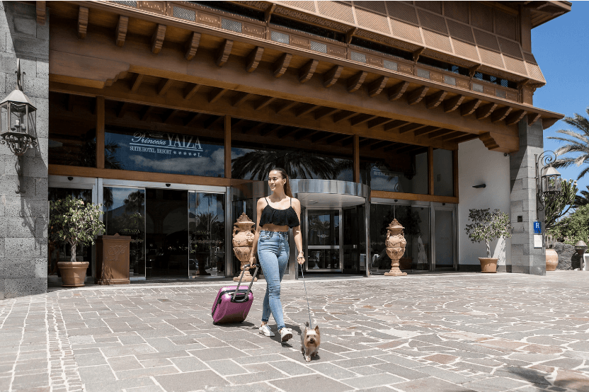 Dog in front of a fancy hotel